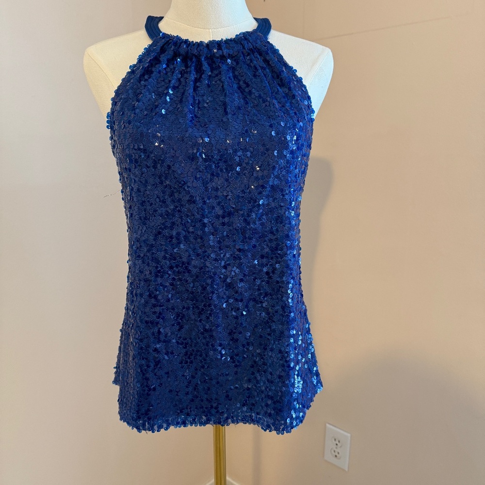 Tahari Womens All Over Sequins Halter Top Blue Curacao Size Small